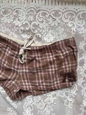 Garage Plaid Lounge Shorts in Brown and Pink, with patch detail